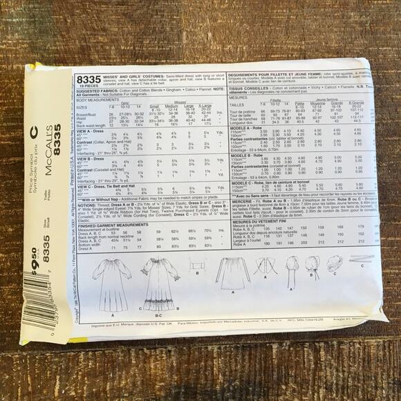 McCalls Costume Sewing Pattern 8335 Pilgrim Prairie Thanksgiving 8-10 UNCUT - Picture 2 of 2